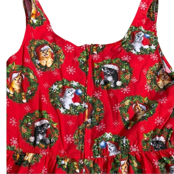 Retrolicious Red Cat Holiday Jingle Rockabilly Wreath Swing Dress With Pockets - Picture 7 of 9